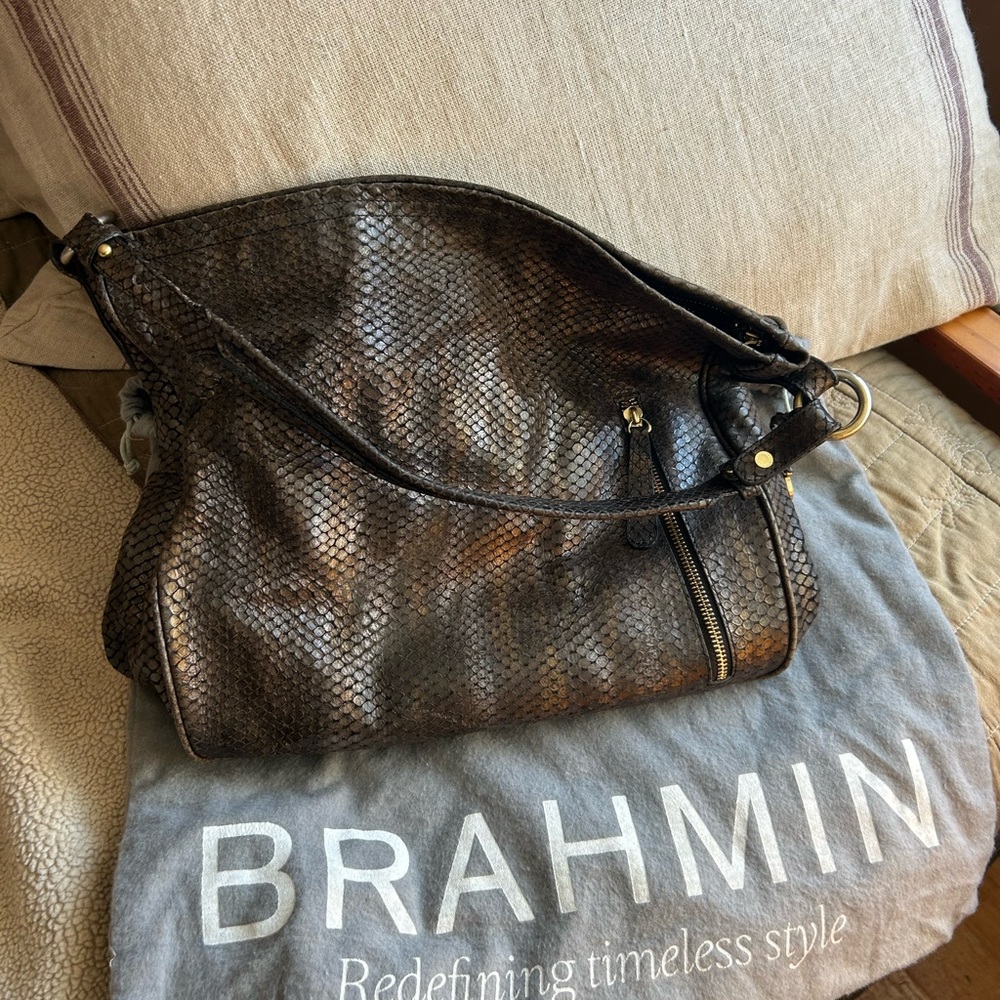 Brahmin Iridescent Dark Brown Textured Handbag-Hobo style